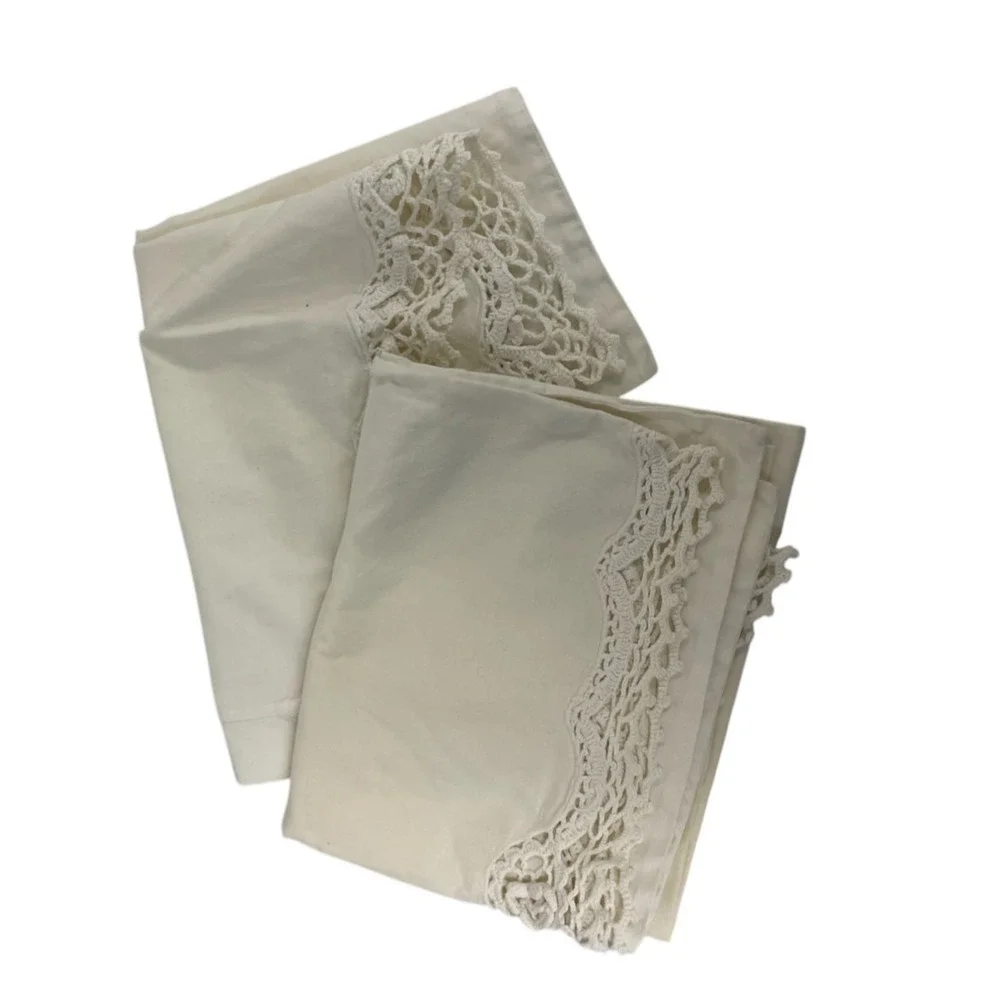 Vintage Lot Of 2 Rectangular Pillowcase Standard White Crochet Trim Made in USA